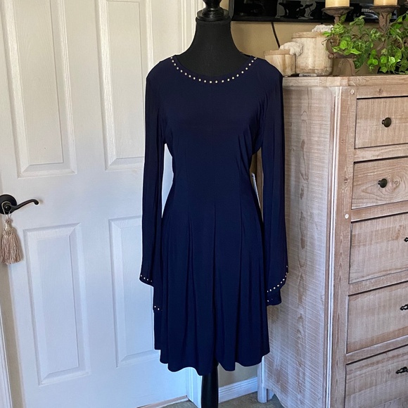 Emma & Michele Dresses & Skirts - 🆕️Navy Blue Long Sleeve Studded Midi Dress, Size L, NWT